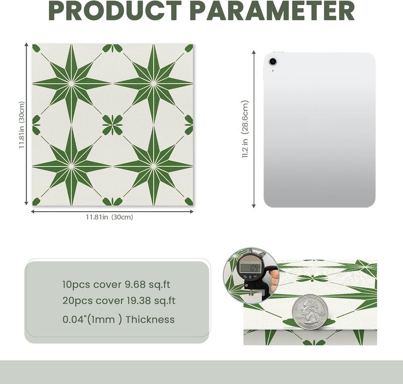 Dureidos Peel and Stick Floor Tiles: 11.8"x11.8" Self-Adhesive Easy to Install Tile Sticker, Waterproof Vinyl Flooring for Bathroom, Kitchen, Bedroom, 10PCS Covering 10 sq ft Green and White - Image 2